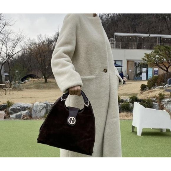 Gucci Brown Top Handle Shoulder Bag Suede Leather Gold GG - Picture 9 of 12